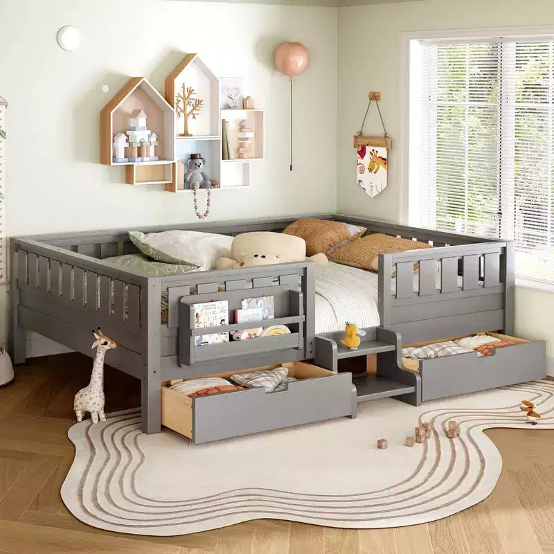 Lit pour tout-petits Bellemave Queen Size avec 14 barrières de sécurité, cadre de lit peu encombrant avec étagères intégrées et 2 tiroirs de rangement sous le lit