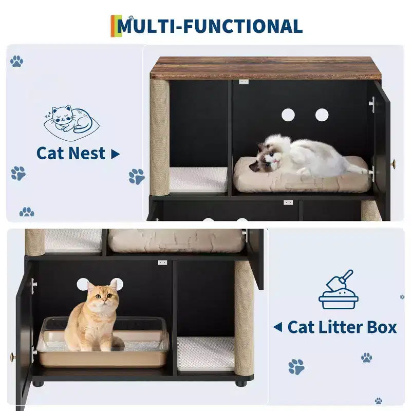 Meuble cache-litière double avec poteaux à griffer et tapis de litière à double couche pour animaux de compagnie d'intérieur