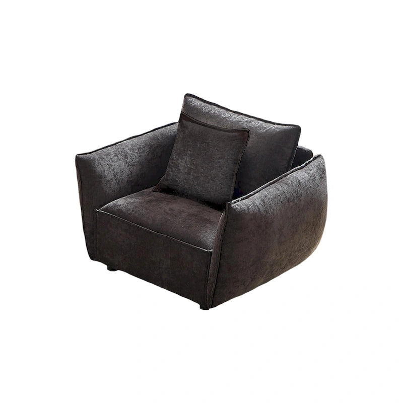 Fauteuil d'appoint surdimensionné noir en chenille, larges accoudoirs incurvés, coussin profond, 2 coussins décoratifs inclus