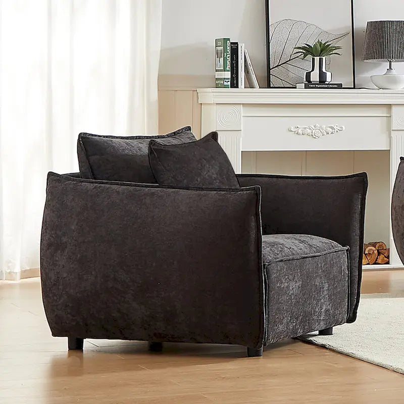 Fauteuil d'appoint surdimensionné noir en chenille, larges accoudoirs incurvés, coussin profond, 2 coussins décoratifs inclus