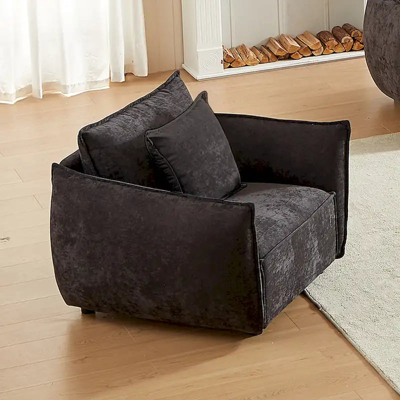 Fauteuil d'appoint surdimensionné noir en chenille, larges accoudoirs incurvés, coussin profond, 2 coussins décoratifs inclus