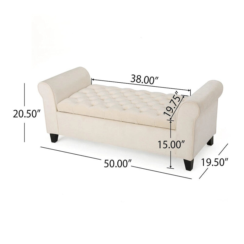 Banc de rangement en velours ivoire capitonné avec accoudoirs volutes, plateau relevable à fermeture amortie et pieds fuselés en bois