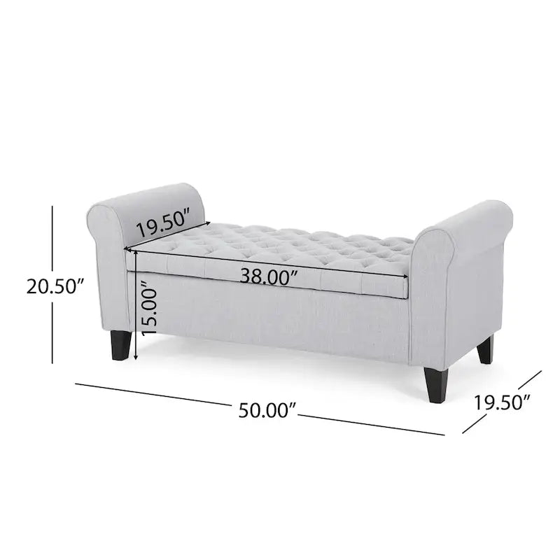 Banc de rangement en velours ivoire capitonné avec accoudoirs volutes, plateau relevable à fermeture amortie et pieds fuselés en bois
