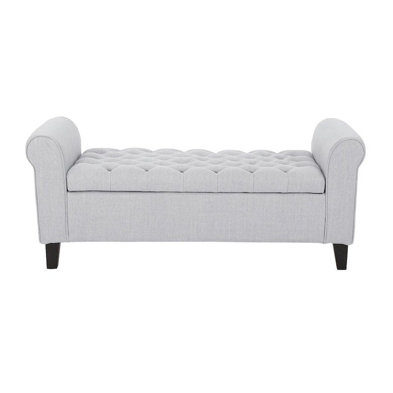 Banc de rangement en velours ivoire capitonné avec accoudoirs volutes, plateau relevable à fermeture amortie et pieds fuselés en bois