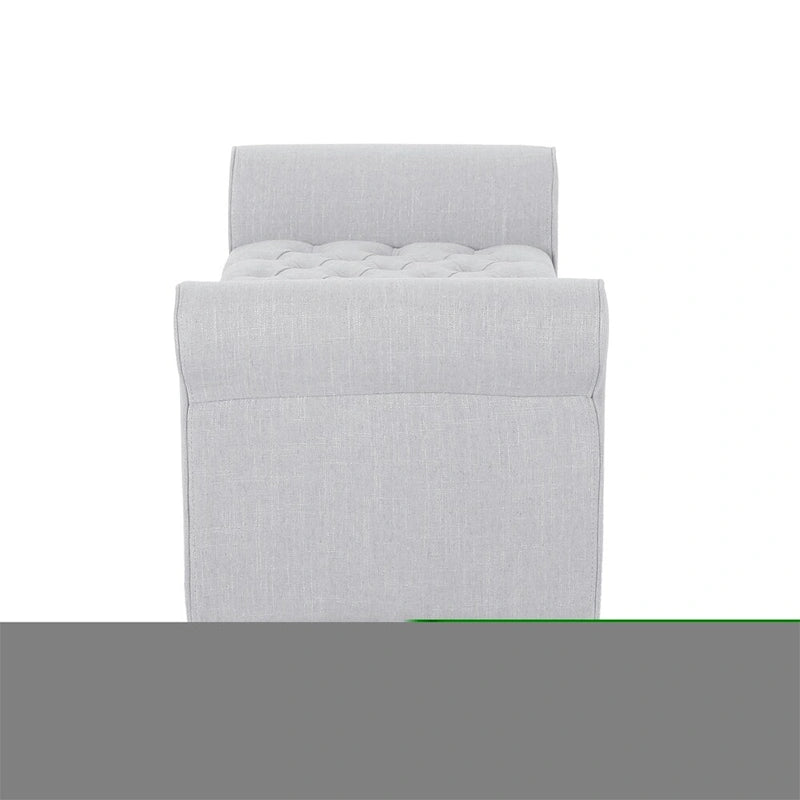 Banc de rangement en velours ivoire capitonné avec accoudoirs volutes, plateau relevable à fermeture amortie et pieds fuselés en bois