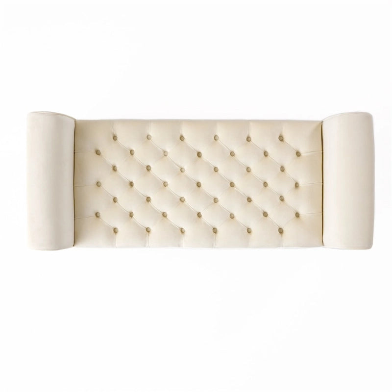 Banc de rangement en velours ivoire capitonné avec accoudoirs volutes, plateau relevable à fermeture amortie et pieds fuselés en bois