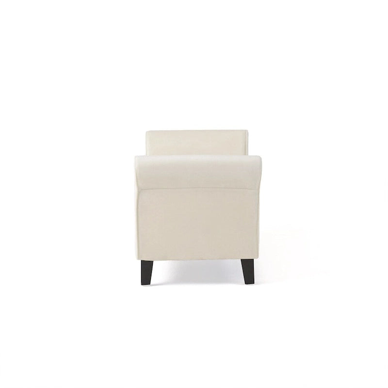 Banc de rangement en velours ivoire capitonné avec accoudoirs volutes, plateau relevable à fermeture amortie et pieds fuselés en bois