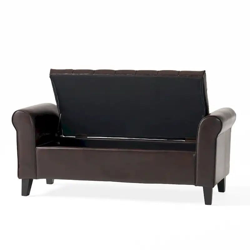 Banc de rangement en velours ivoire capitonné avec accoudoirs volutes, plateau relevable à fermeture amortie et pieds fuselés en bois