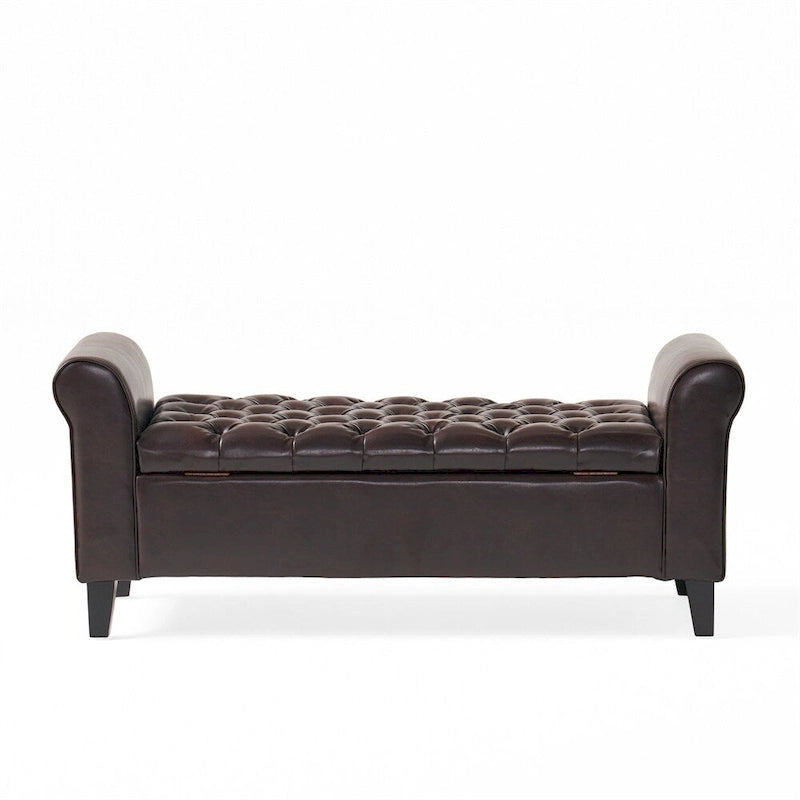 Banc de rangement en velours ivoire capitonné avec accoudoirs volutes, plateau relevable à fermeture amortie et pieds fuselés en bois