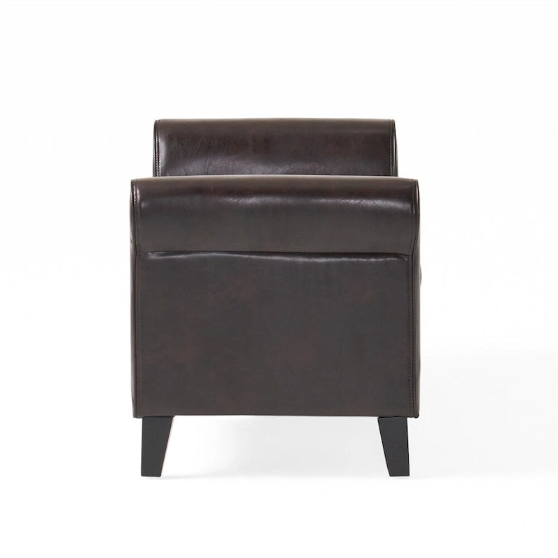 Banc de rangement en velours ivoire capitonné avec accoudoirs volutes, plateau relevable à fermeture amortie et pieds fuselés en bois