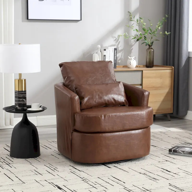 Fauteuil pivotant cylindrique en similicuir PU marron, mousse haute densité, rotation 360 degrés, avec coussin lombaire