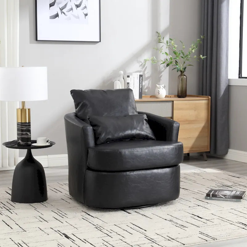 Fauteuil pivotant cylindrique en similicuir PU marron, mousse haute densité, rotation 360 degrés, avec coussin lombaire