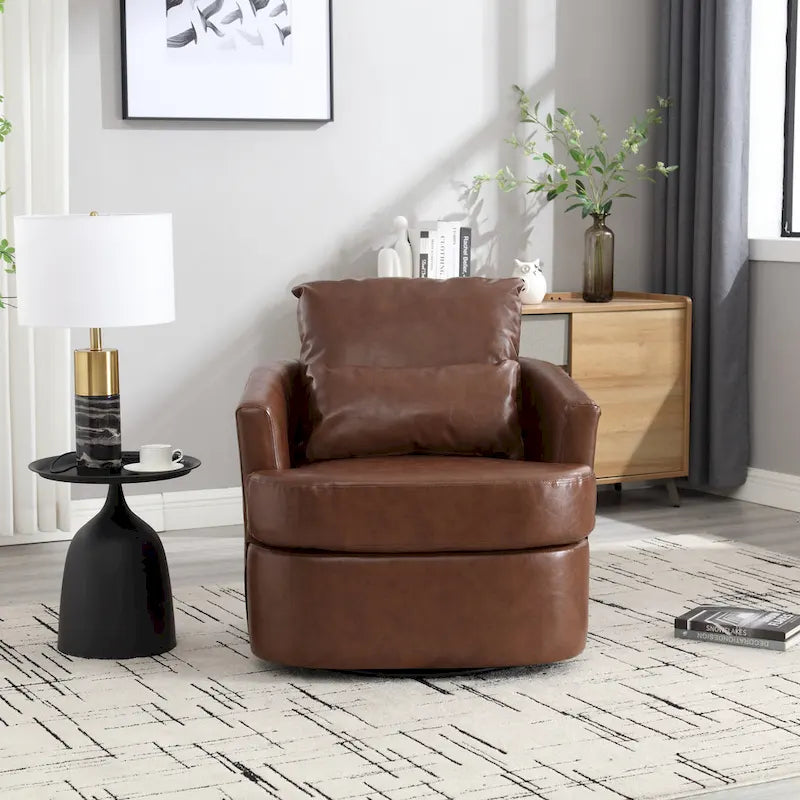 Fauteuil pivotant cylindrique en similicuir PU marron, mousse haute densité, rotation 360 degrés, avec coussin lombaire