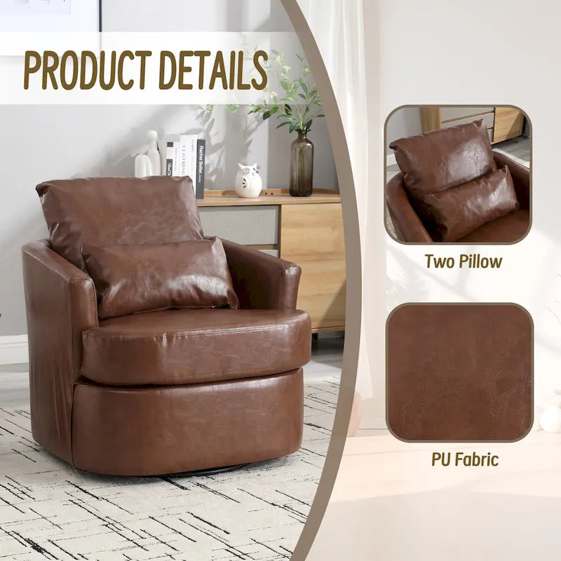 Fauteuil pivotant cylindrique en similicuir PU marron, mousse haute densité, rotation 360 degrés, avec coussin lombaire