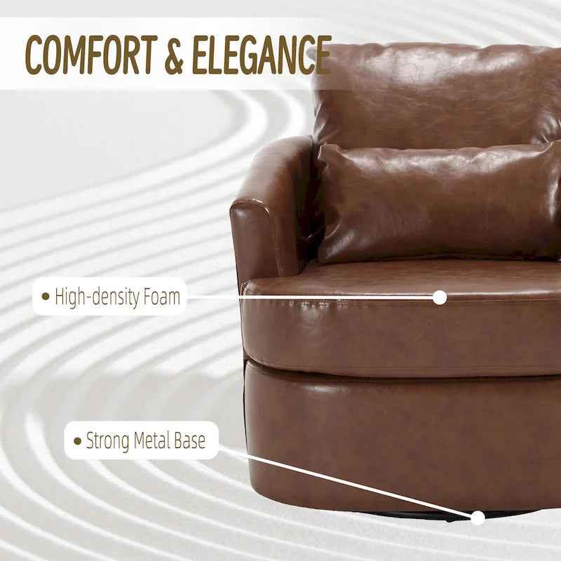 Fauteuil pivotant cylindrique en similicuir PU marron, mousse haute densité, rotation 360 degrés, avec coussin lombaire