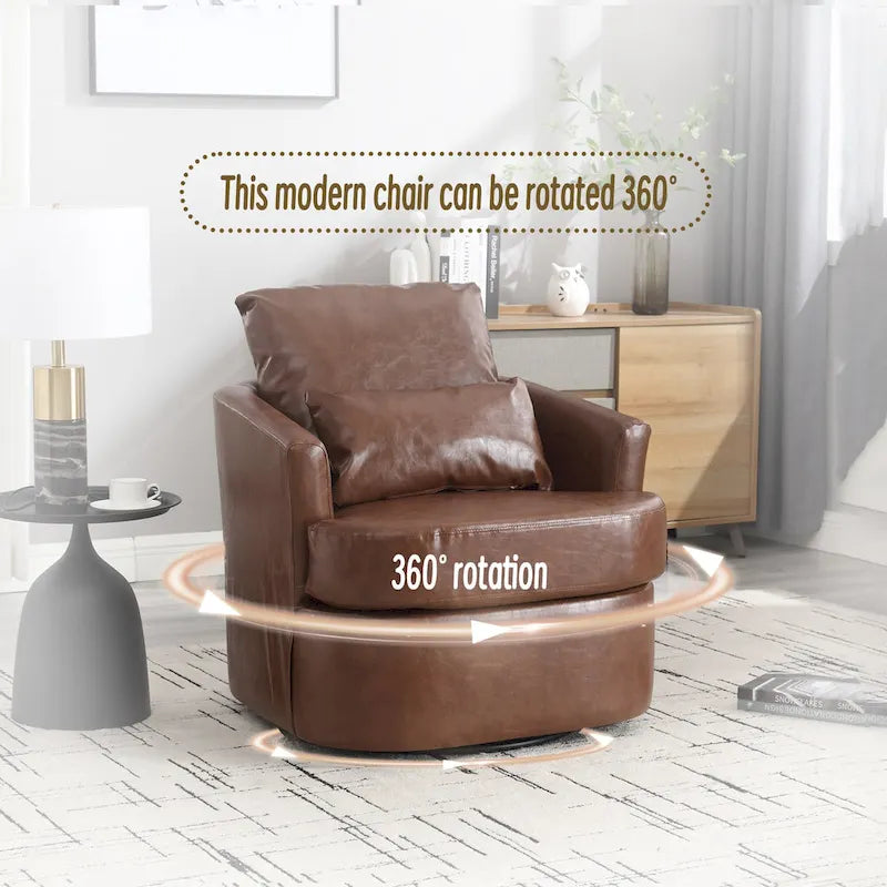 Fauteuil pivotant cylindrique en similicuir PU marron, mousse haute densité, rotation 360 degrés, avec coussin lombaire