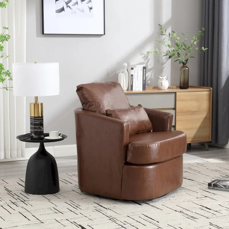 Fauteuil pivotant cylindrique en similicuir PU marron, mousse haute densité, rotation 360 degrés, avec coussin lombaire
