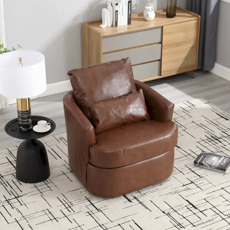 Fauteuil pivotant cylindrique en similicuir PU marron, mousse haute densité, rotation 360 degrés, avec coussin lombaire