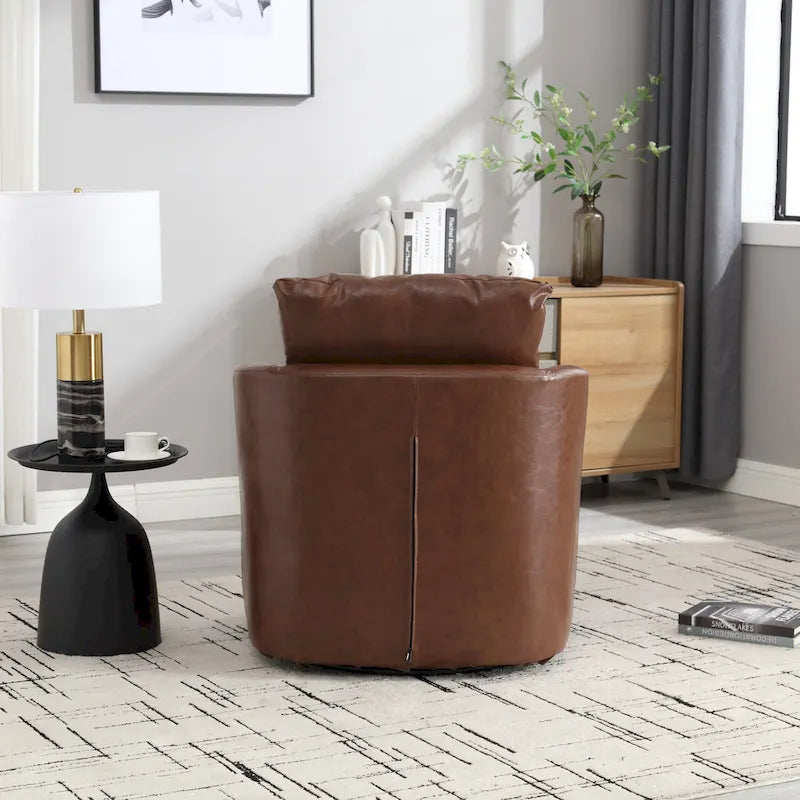 Fauteuil pivotant cylindrique en similicuir PU marron, mousse haute densité, rotation 360 degrés, avec coussin lombaire
