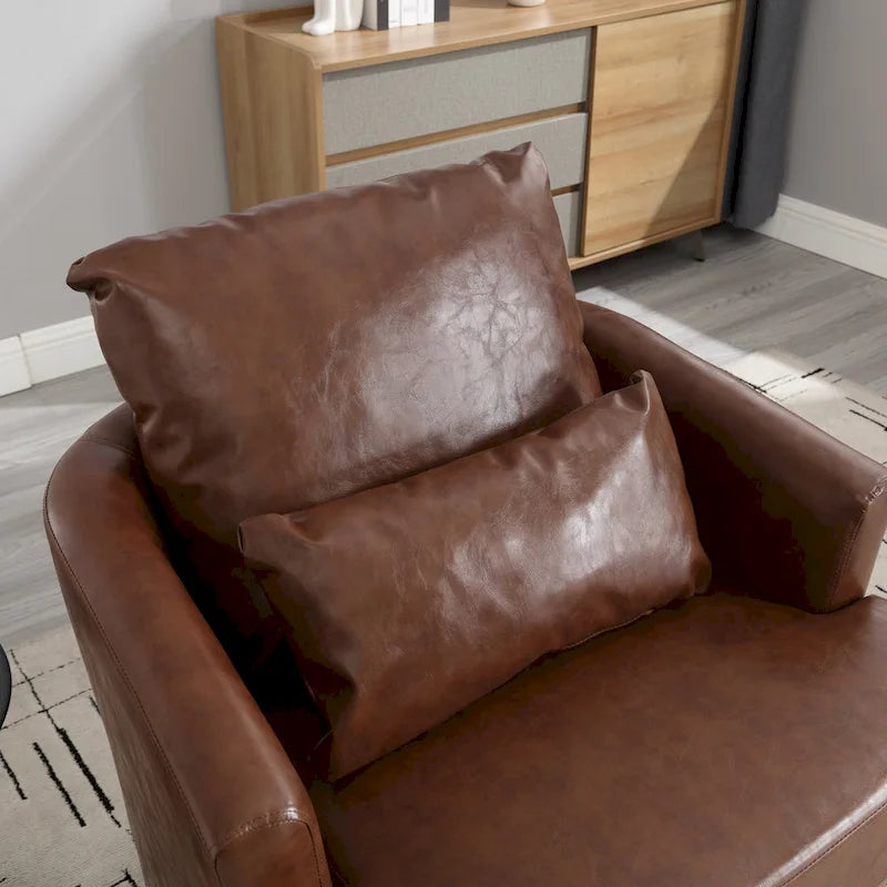 Fauteuil pivotant cylindrique en similicuir PU marron, mousse haute densité, rotation 360 degrés, avec coussin lombaire