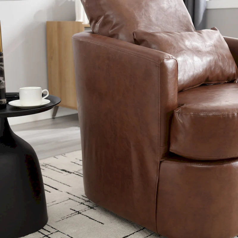Fauteuil pivotant cylindrique en similicuir PU marron, mousse haute densité, rotation 360 degrés, avec coussin lombaire