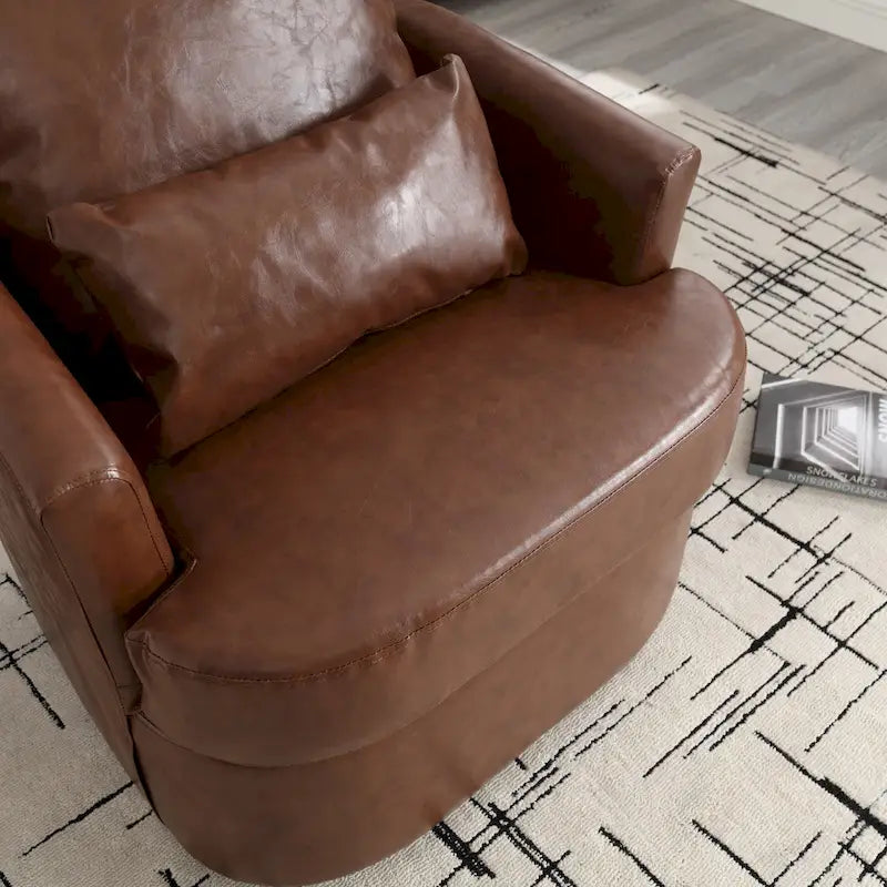 Fauteuil pivotant cylindrique en similicuir PU marron, mousse haute densité, rotation 360 degrés, avec coussin lombaire