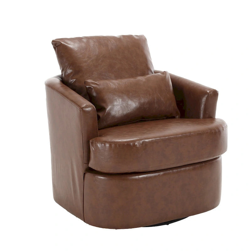 Fauteuil pivotant cylindrique en similicuir PU marron, mousse haute densité, rotation 360 degrés, avec coussin lombaire