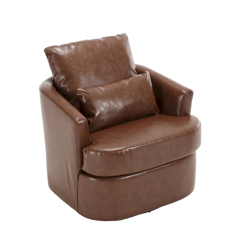 Fauteuil pivotant cylindrique en similicuir PU marron, mousse haute densité, rotation 360 degrés, avec coussin lombaire