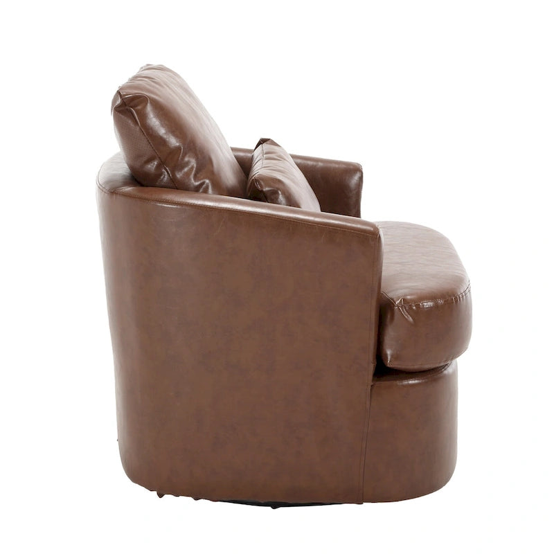 Fauteuil pivotant cylindrique en similicuir PU marron, mousse haute densité, rotation 360 degrés, avec coussin lombaire