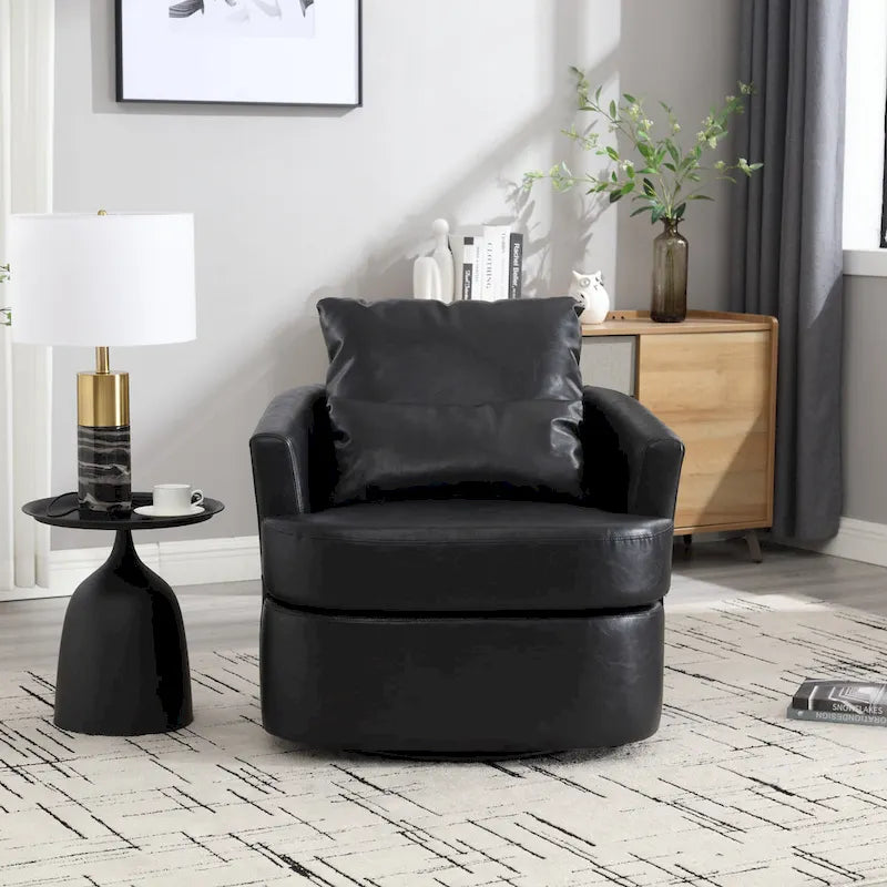 Fauteuil pivotant cylindrique en similicuir PU marron, mousse haute densité, rotation 360 degrés, avec coussin lombaire