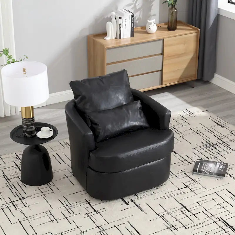Fauteuil pivotant cylindrique en similicuir PU marron, mousse haute densité, rotation 360 degrés, avec coussin lombaire