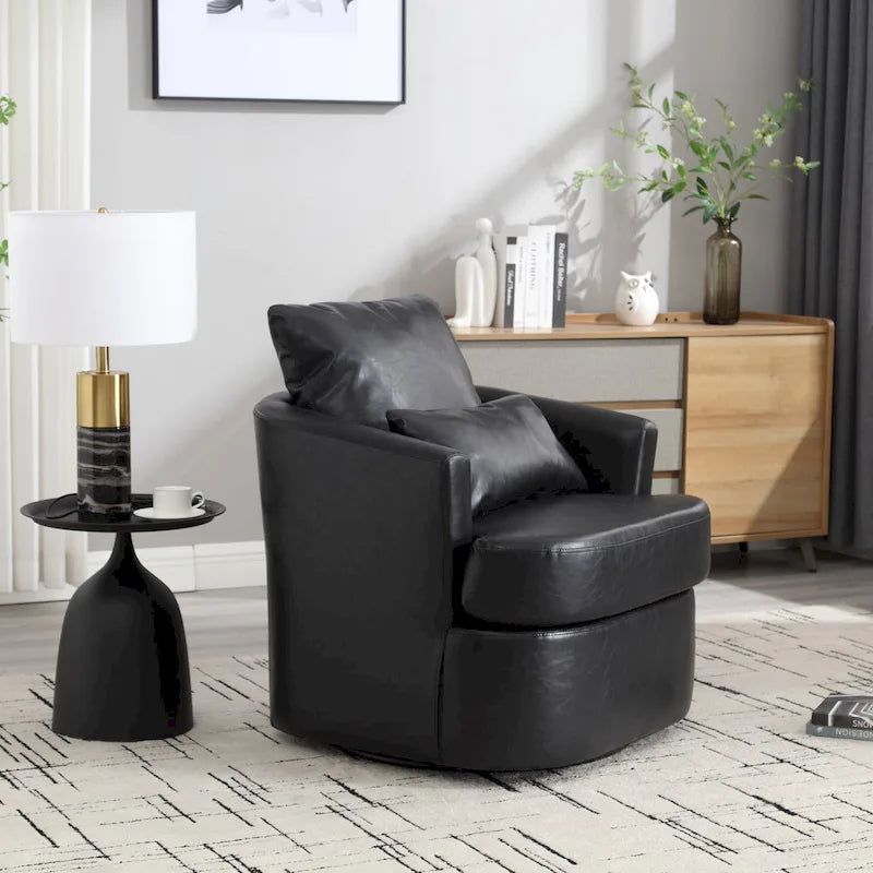 Fauteuil pivotant cylindrique en similicuir PU marron, mousse haute densité, rotation 360 degrés, avec coussin lombaire