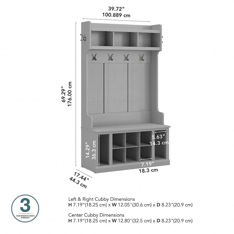 Meuble d'entrée et banc à chaussures Cape Cod gris, 2 pièces, 4 patères doubles, 6 casiers à chaussures, 3 compartiments ouverts