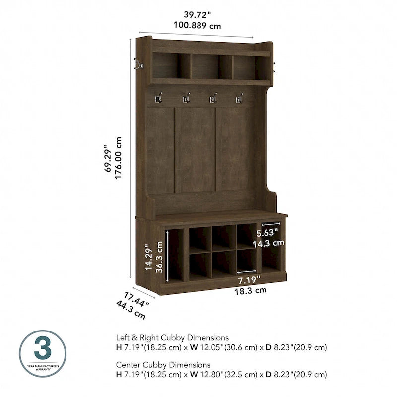 Meuble d'entrée et banc à chaussures Cape Cod gris, 2 pièces, 4 patères doubles, 6 casiers à chaussures, 3 compartiments ouverts