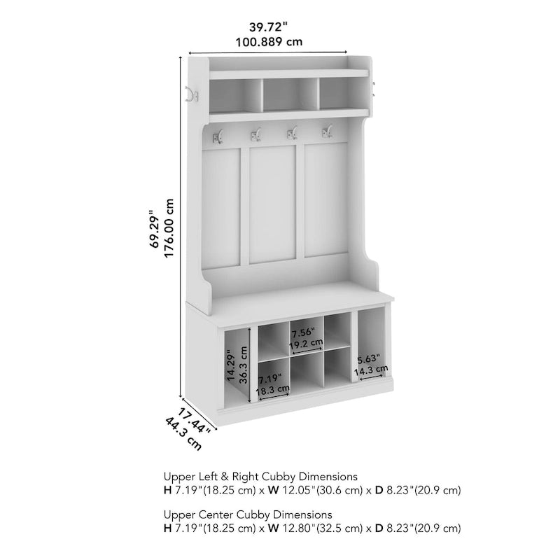 Meuble d'entrée et banc à chaussures Cape Cod gris, 2 pièces, 4 patères doubles, 6 casiers à chaussures, 3 compartiments ouverts