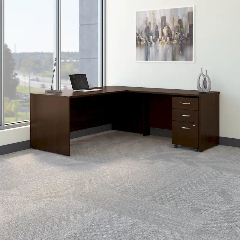Bureau d'angle avec caisson à roulettes et gestion des câbles Cherry Gray