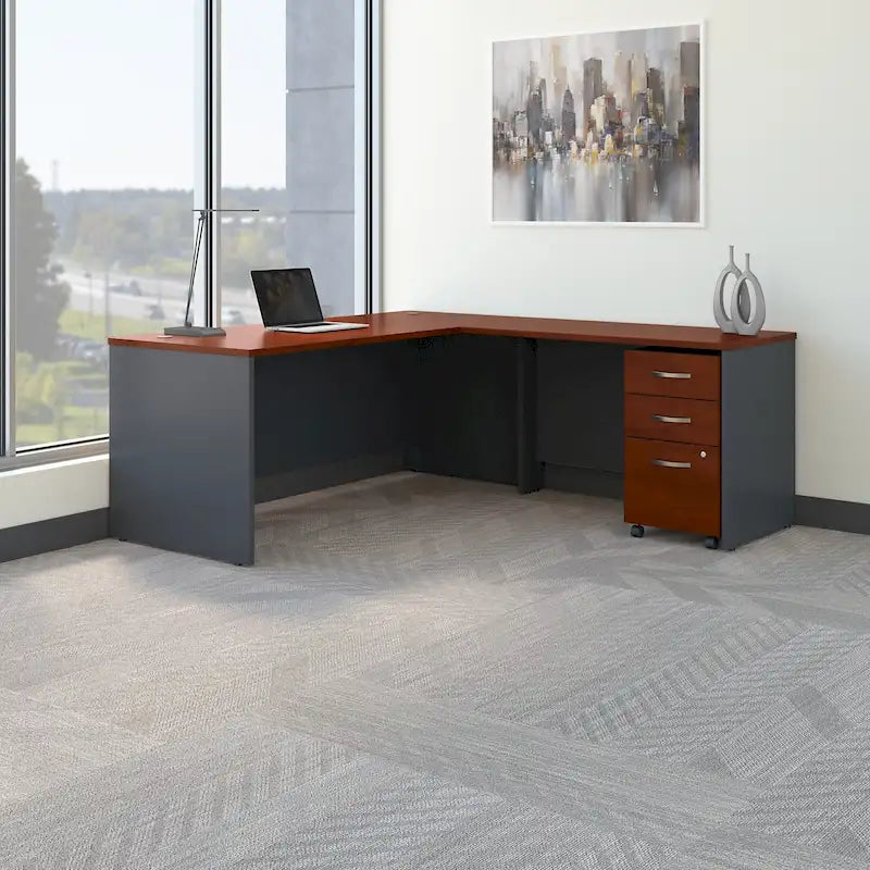 Bureau d'angle avec caisson à roulettes et gestion des câbles Cherry Gray