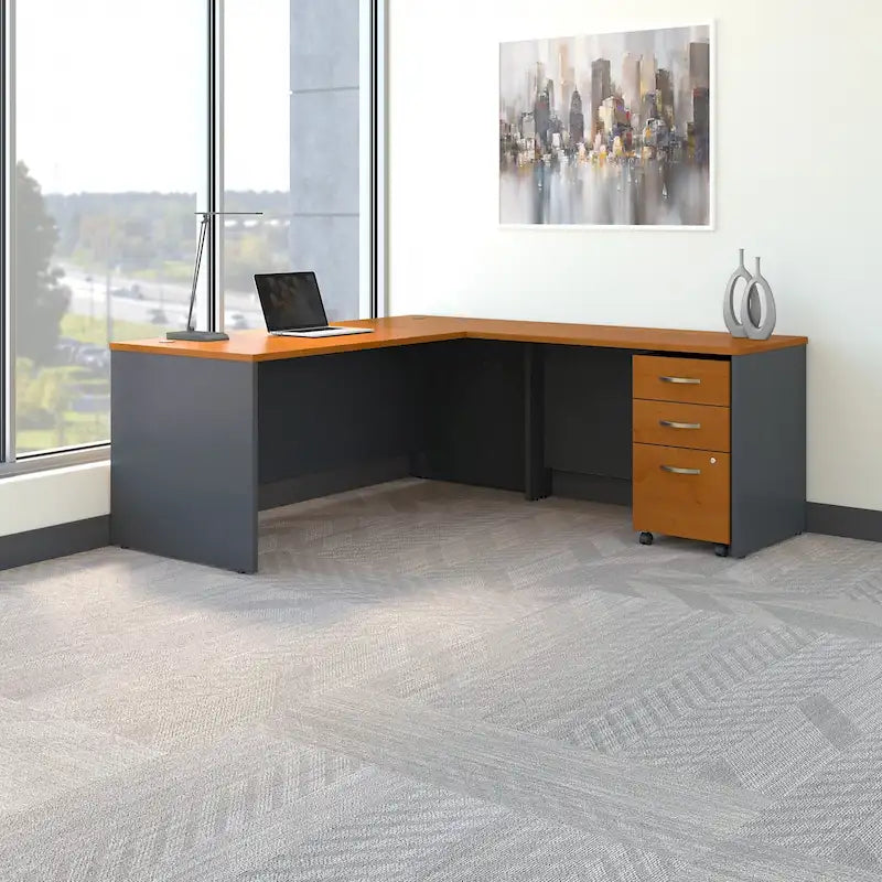 Bureau d'angle avec caisson à roulettes et gestion des câbles Cherry Gray