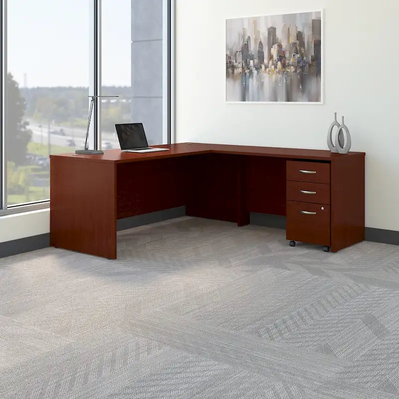 Bureau d'angle avec caisson à roulettes et gestion des câbles Cherry Gray
