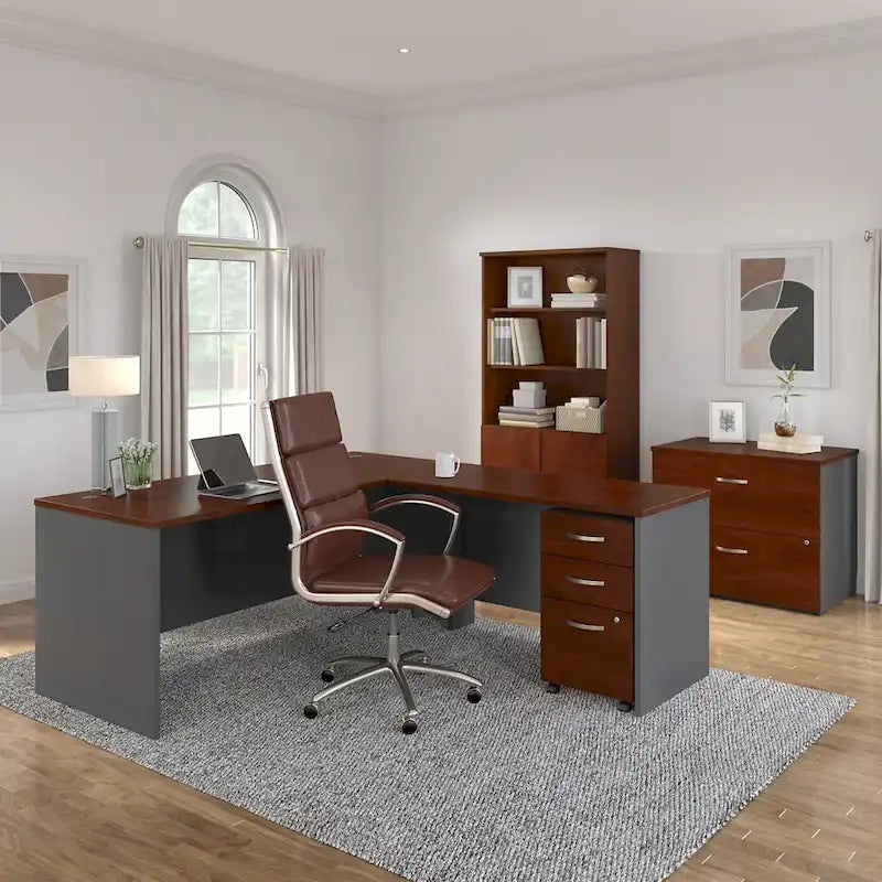 Bureau d'angle avec caisson à roulettes et gestion des câbles Cherry Gray