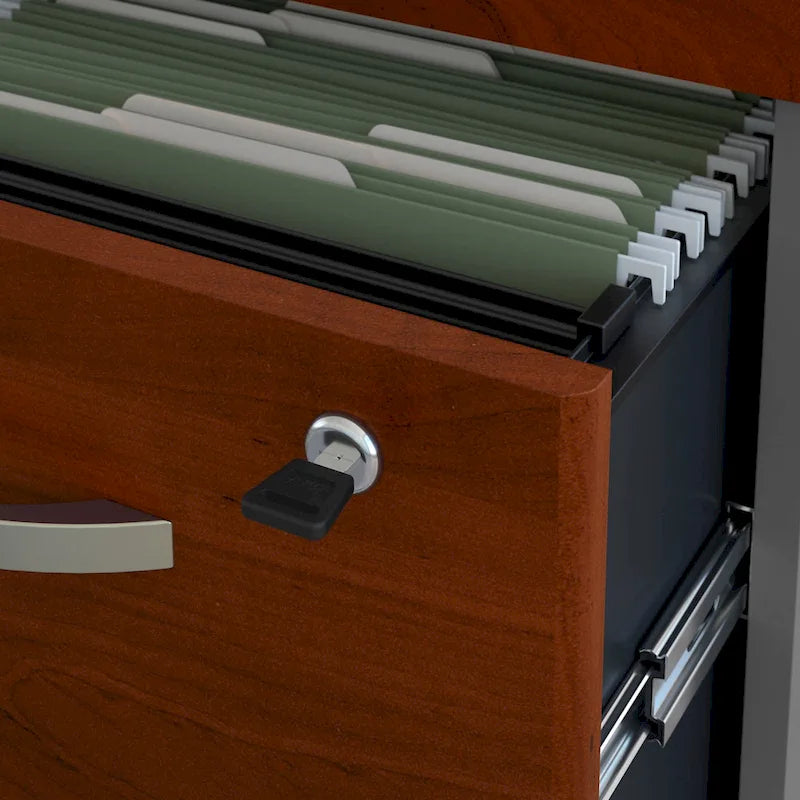 Bureau d'angle avec caisson à roulettes et gestion des câbles Cherry Gray