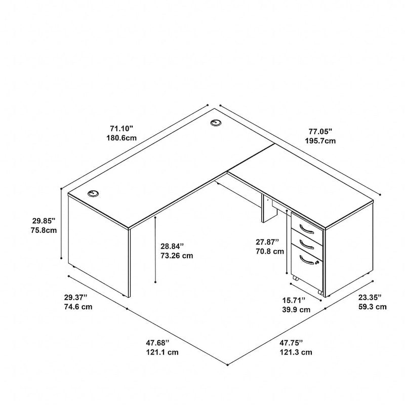 Bureau d'angle avec caisson à roulettes et gestion des câbles Cherry Gray