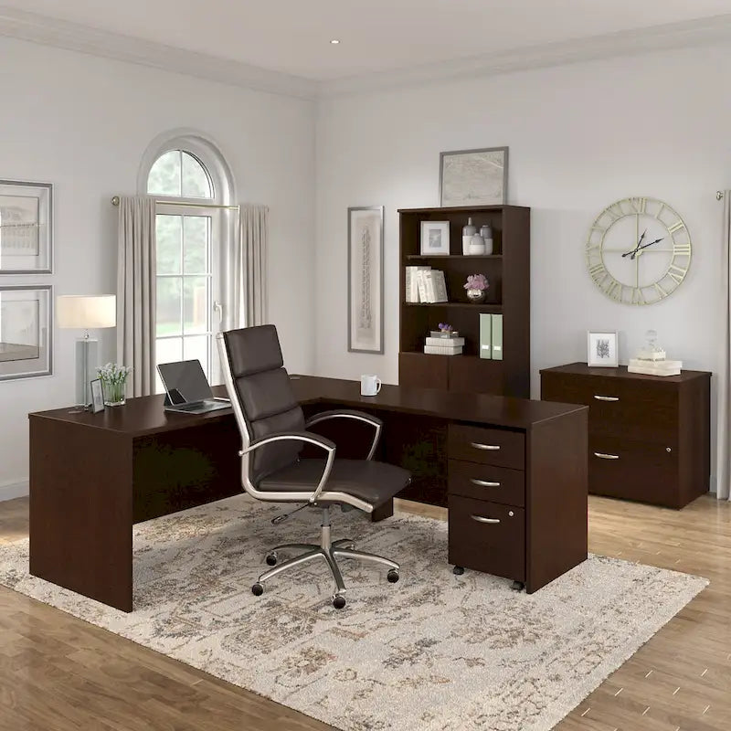 Bureau d'angle avec caisson à roulettes et gestion des câbles Cherry Gray