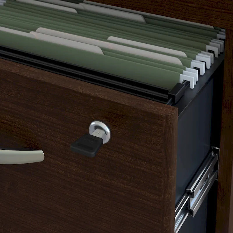 Bureau d'angle avec caisson à roulettes et gestion des câbles Cherry Gray