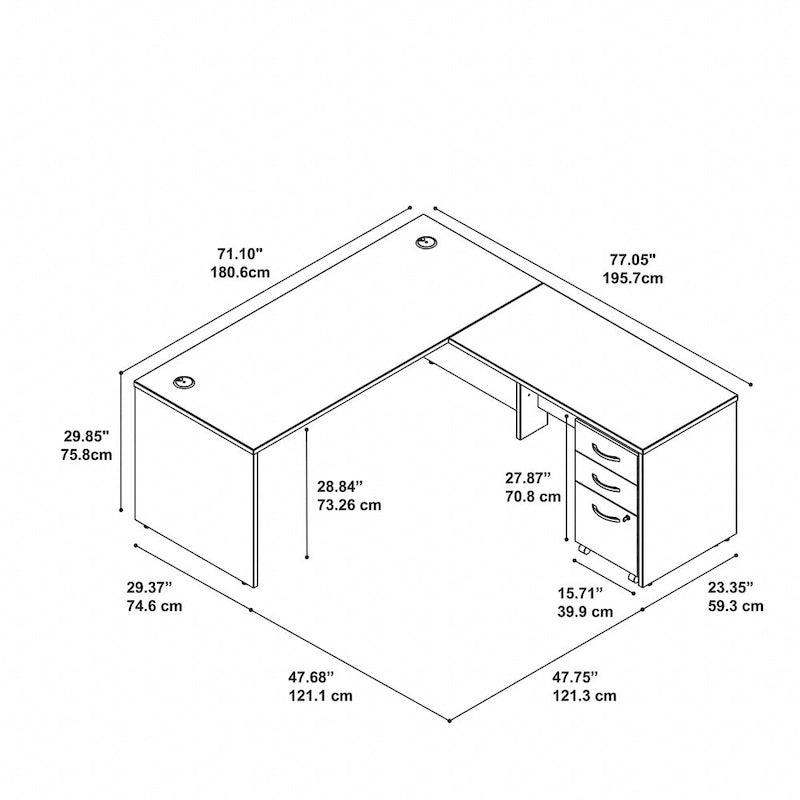 Bureau d'angle avec caisson à roulettes et gestion des câbles Cherry Gray