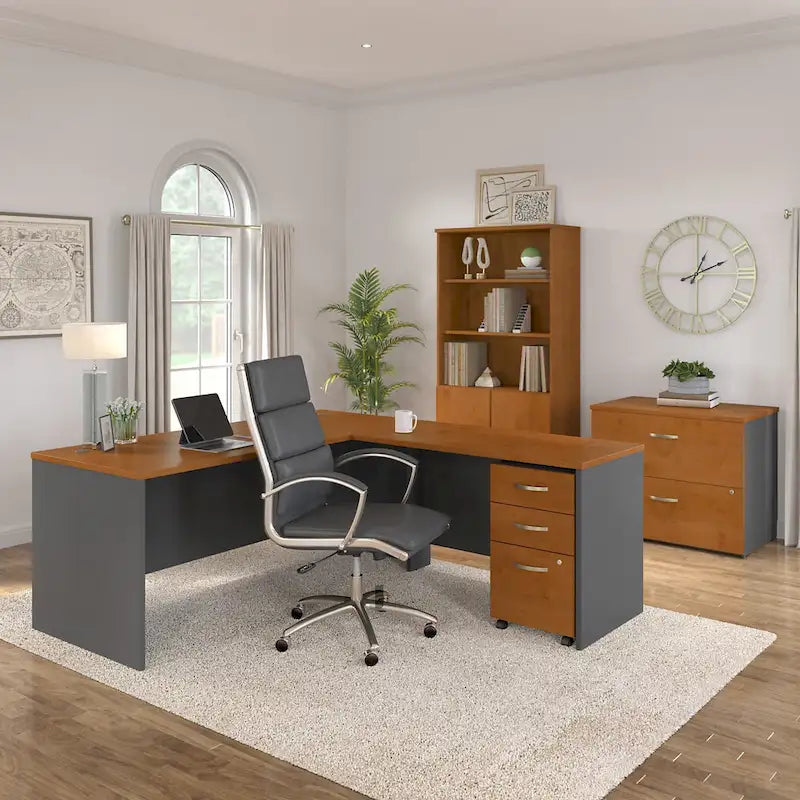 Bureau d'angle avec caisson à roulettes et gestion des câbles Cherry Gray
