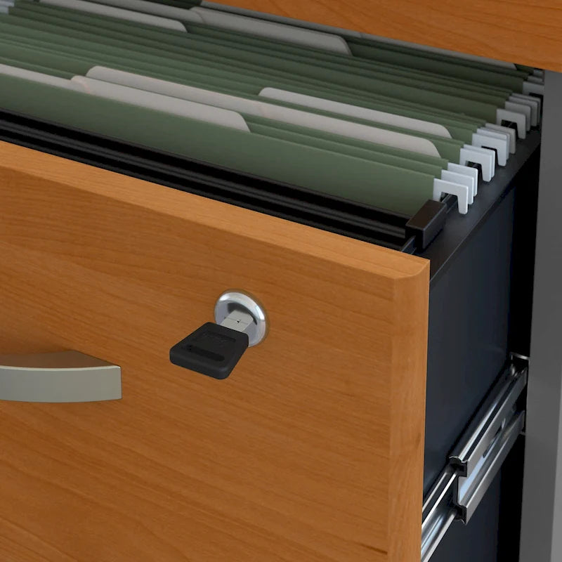Bureau d'angle avec caisson à roulettes et gestion des câbles Cherry Gray