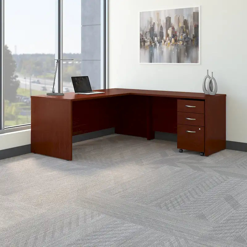 Bureau d'angle avec caisson à roulettes et gestion des câbles Cherry Gray