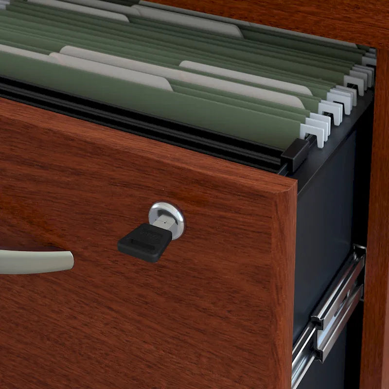 Bureau d'angle avec caisson à roulettes et gestion des câbles Cherry Gray