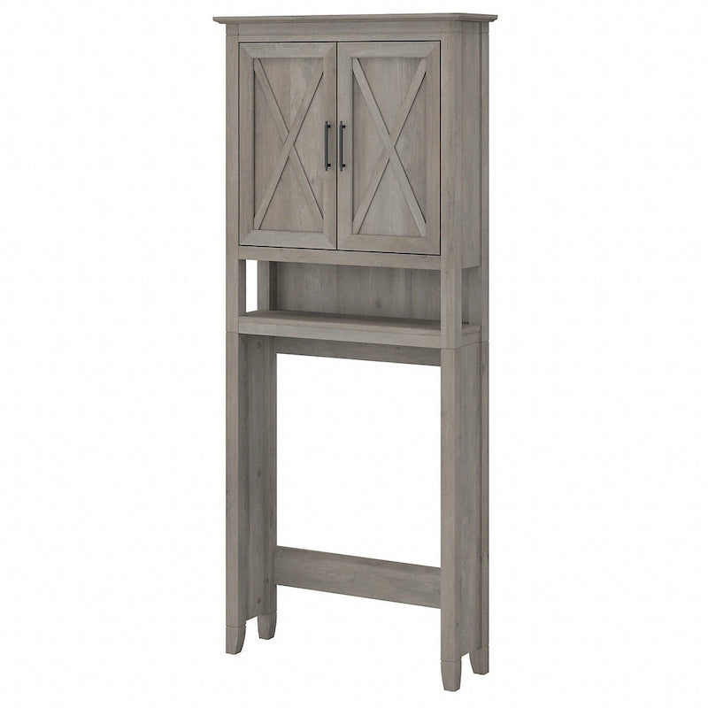 Meuble de rangement au-dessus des toilettes gris bois flotté, portes à motifs en X, étagères réglables, style ferme